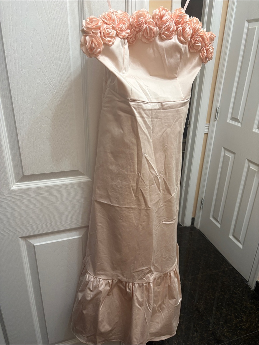 Hutch Strapless Peach Floral-Appliqué Evening Gown